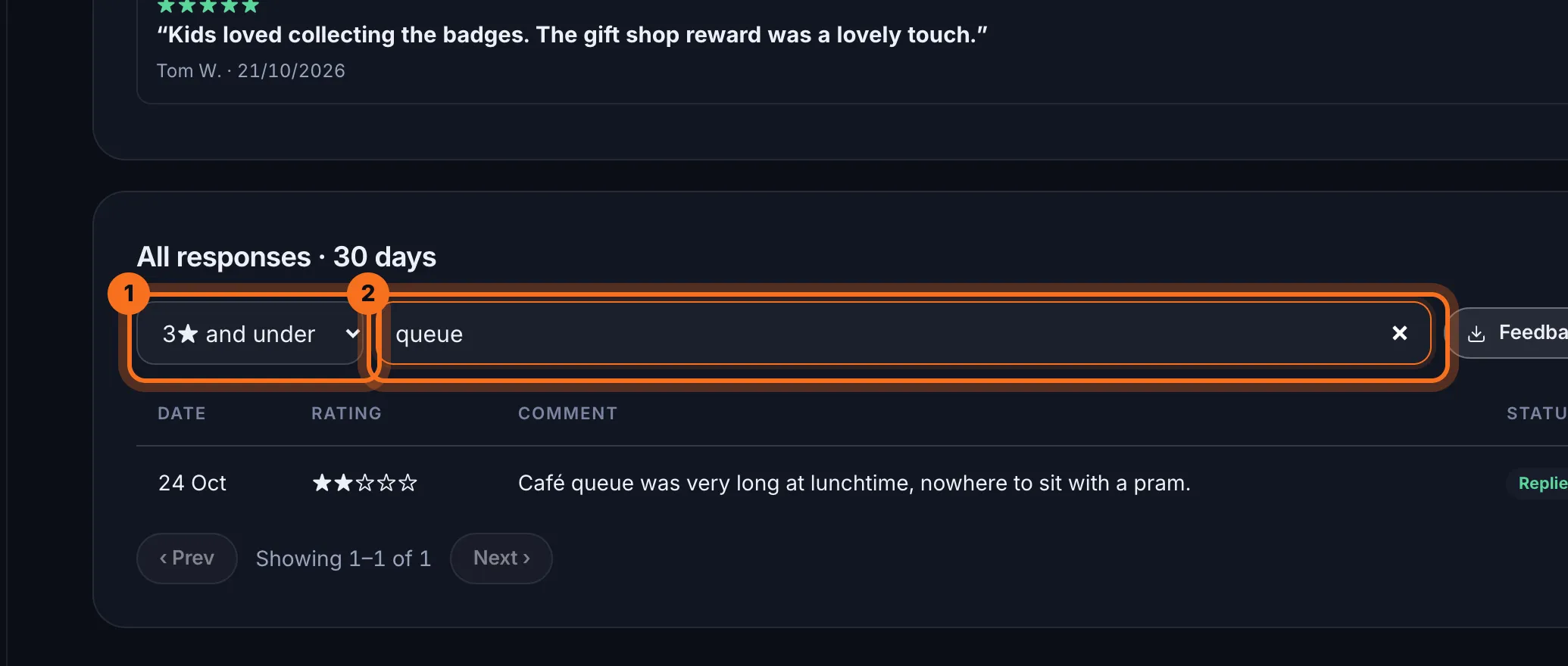Step 5: Under All responses, choose a rating or type a word to find comments.