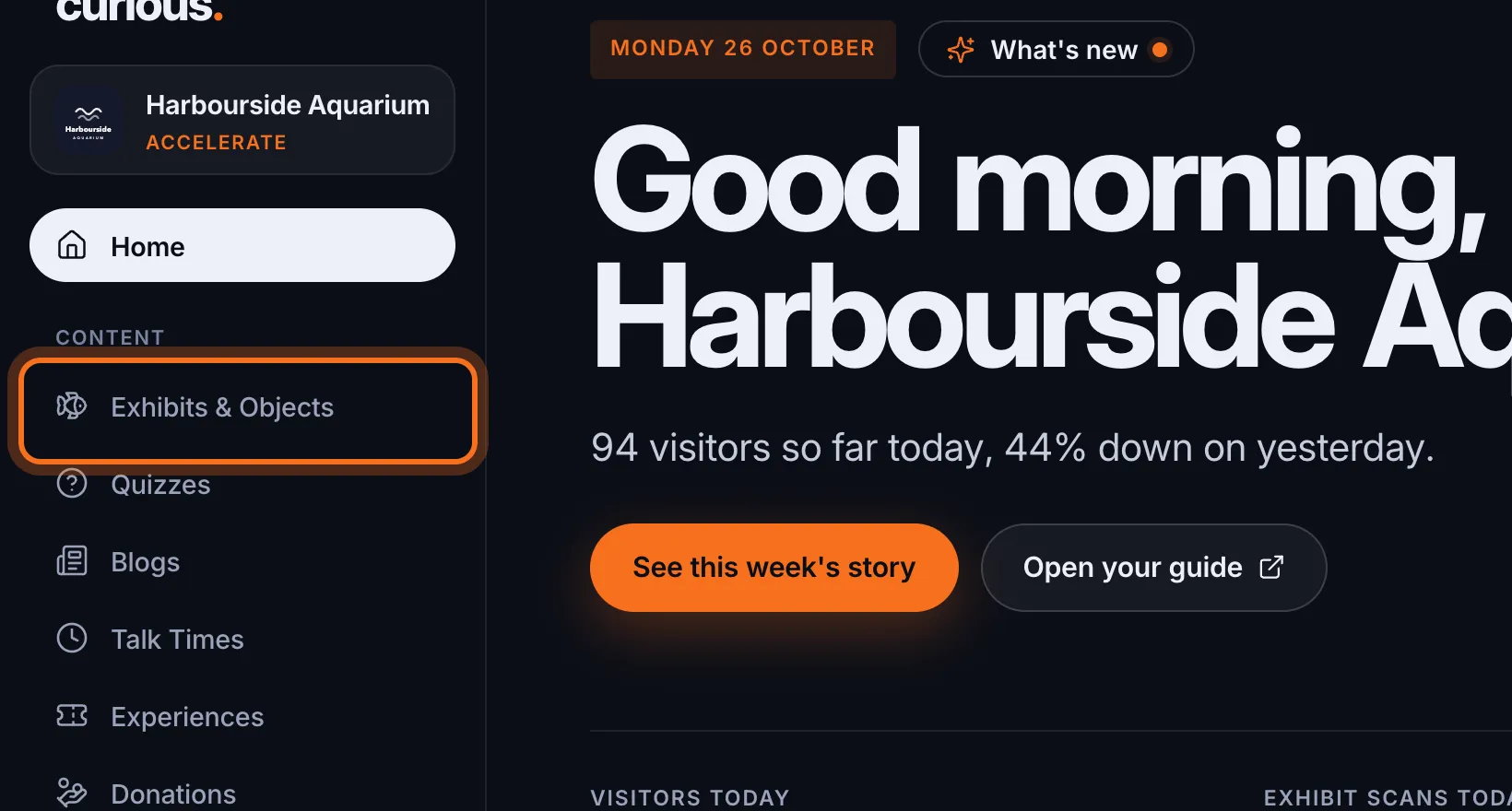 Step 2: Under Content is everything visitors see in your guide: Exhibits & Objects, Quizzes, Blogs, Talk Times, Experiences, Donations, Discovery, QR Codes, Live Labels, Forwarding Links and Translations.