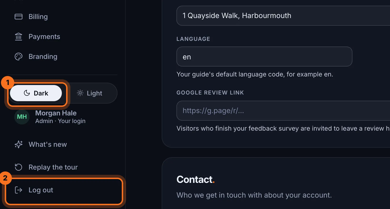 Step 6: At the bottom, switch between Dark and Light, or click Log out.