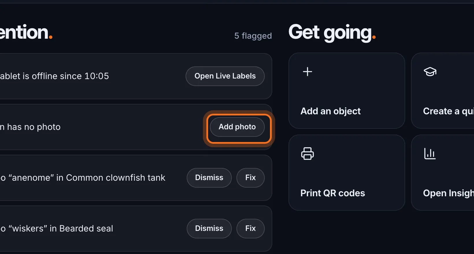 Step 2: Under Needs attention, click Add photo or Fix next to a problem. The fact file opens.
