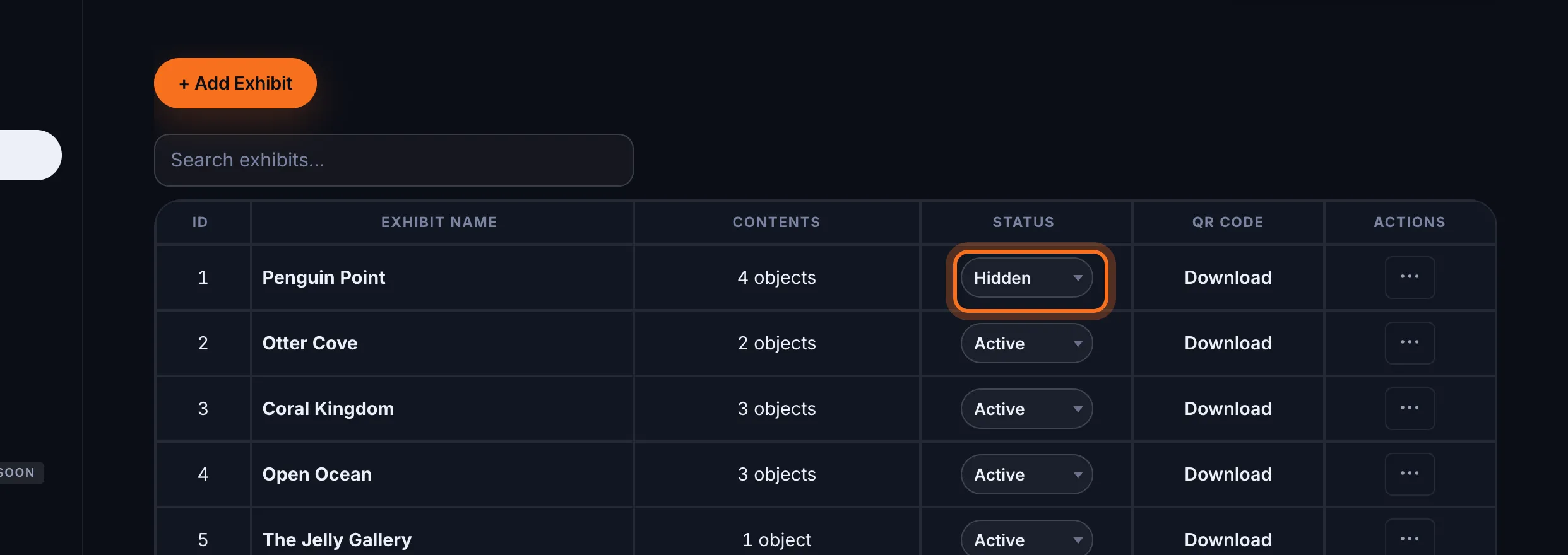 Step 2: In the exhibit's Status column, choose Hidden or Maintenance. It saves straight away.