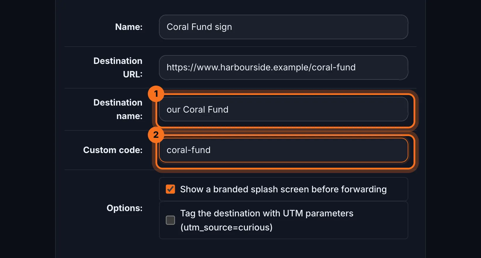 Step 4: Optionally, type a Destination name for the splash screen, and a Custom code for the end of the link.