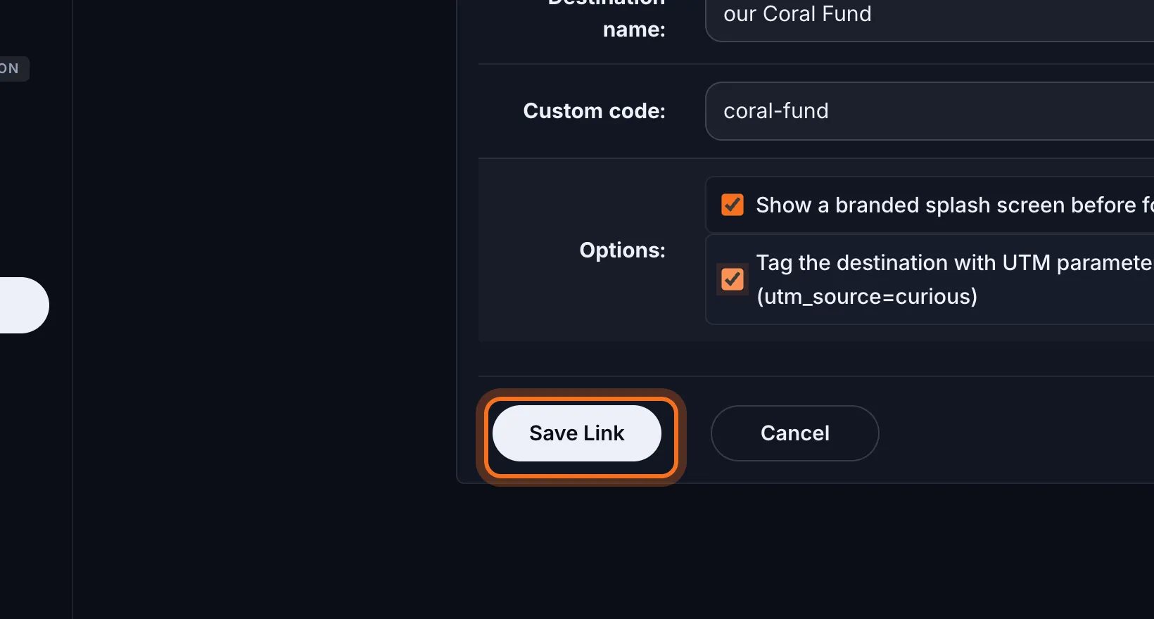 Step 6: Click Save Link. The new link appears in the list.