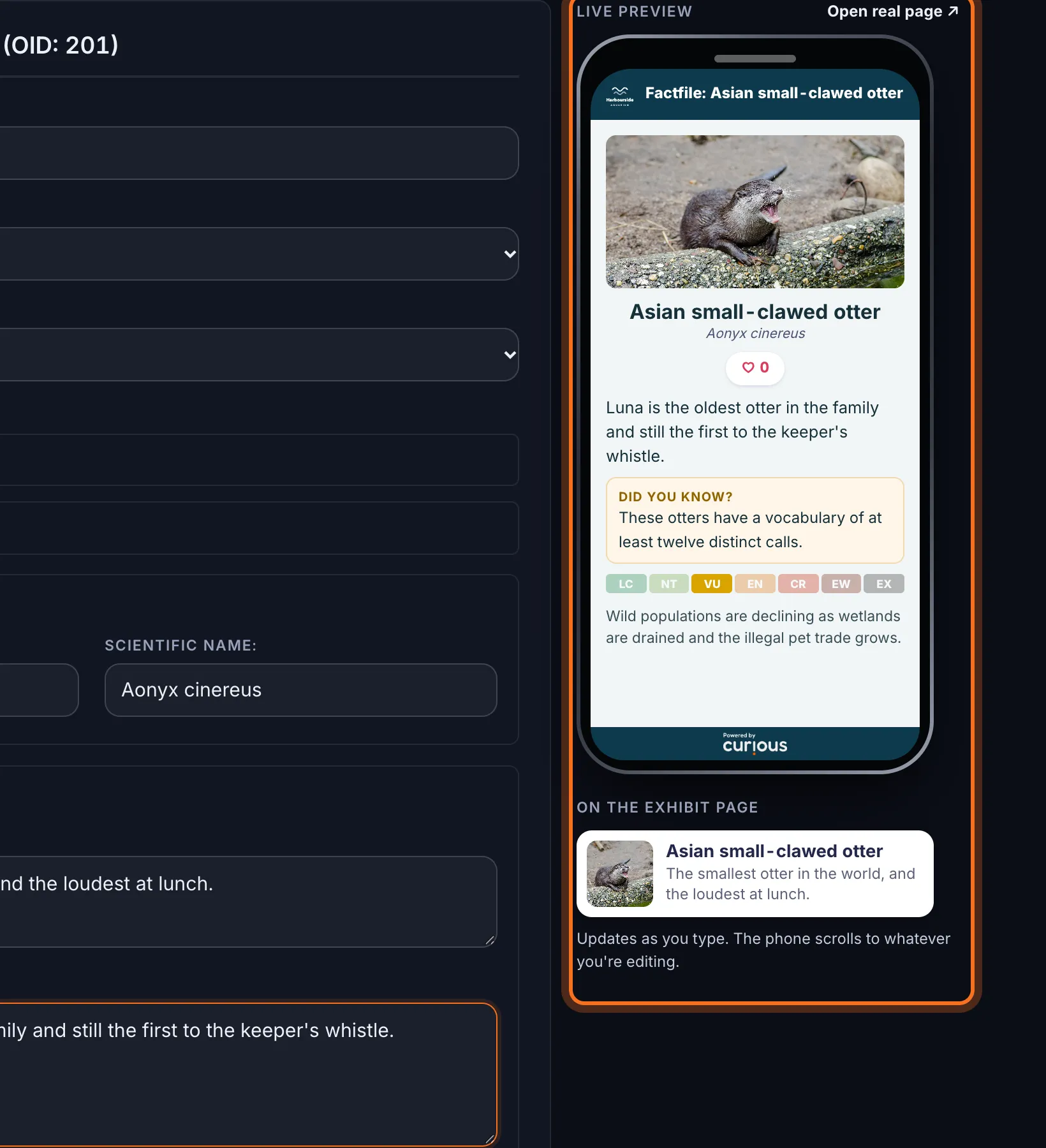 Step 5: Look at Live preview on the right. The phone updates as you type and scrolls to the part you're editing. Below it, On the exhibit page shows the animal's card in the exhibit's list.