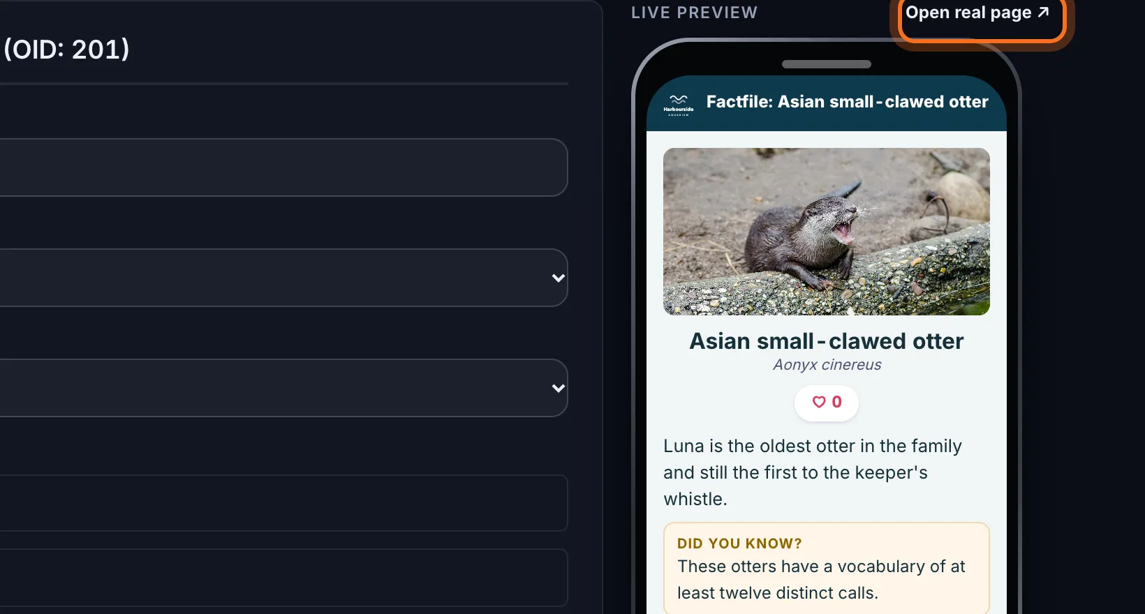 Step 6: To compare with what's on your guide now, click Open real page ↗ above the phone. It opens in a new tab and shows the last saved version.