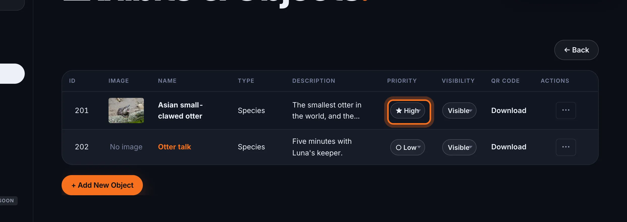 Step 3: Find the animal, and in its Priority column choose ★ High. It saves straight away.