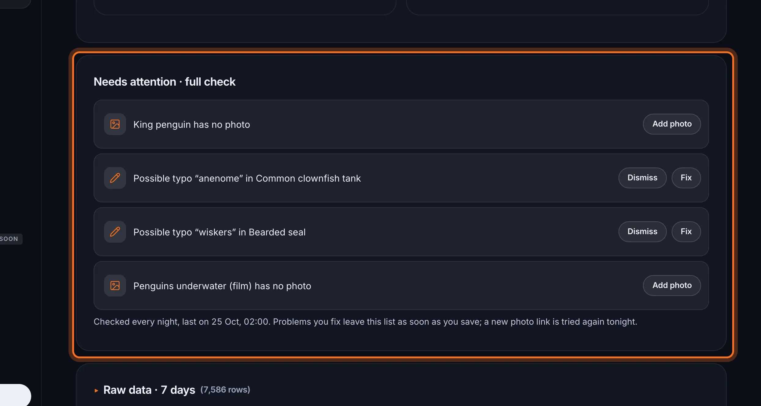 Step 7: Needs attention · full check lists every problem found in your fact files, with a Fix or Add photo button for each.