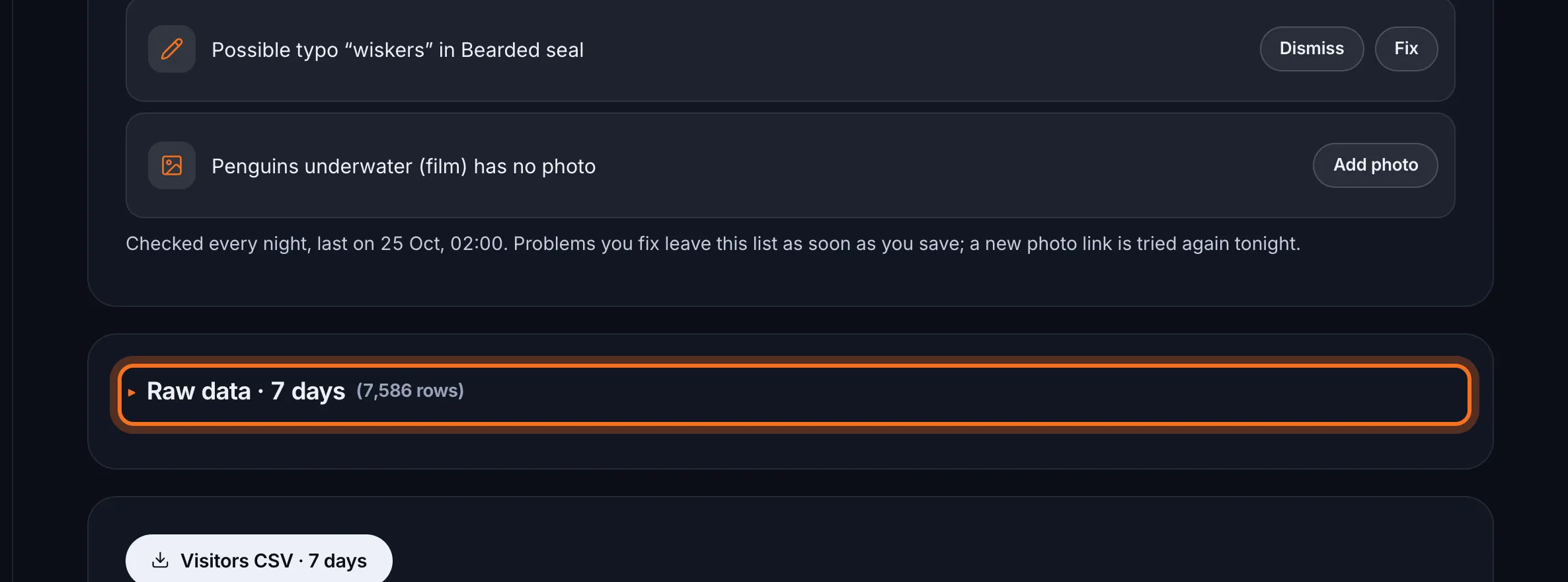Step 8: Raw data shows every page view, newest first. Click it to open the list.