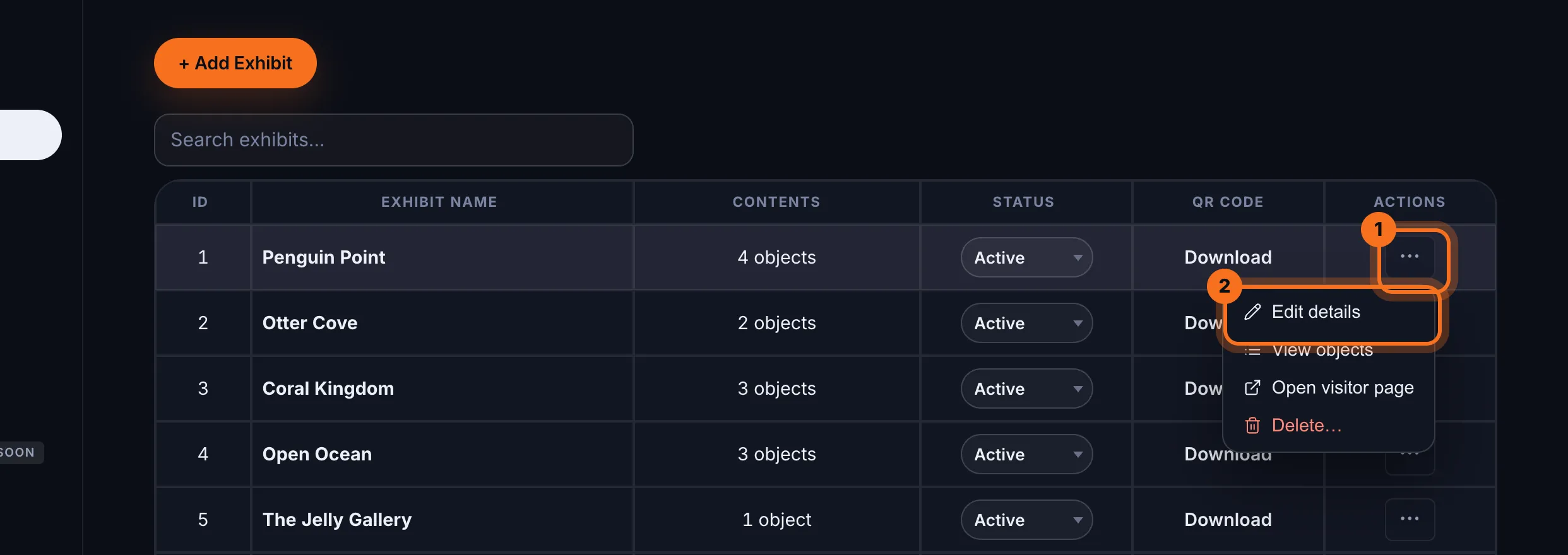 Step 2: Find the exhibit and click ⋯ at the end of its row, then Edit details.