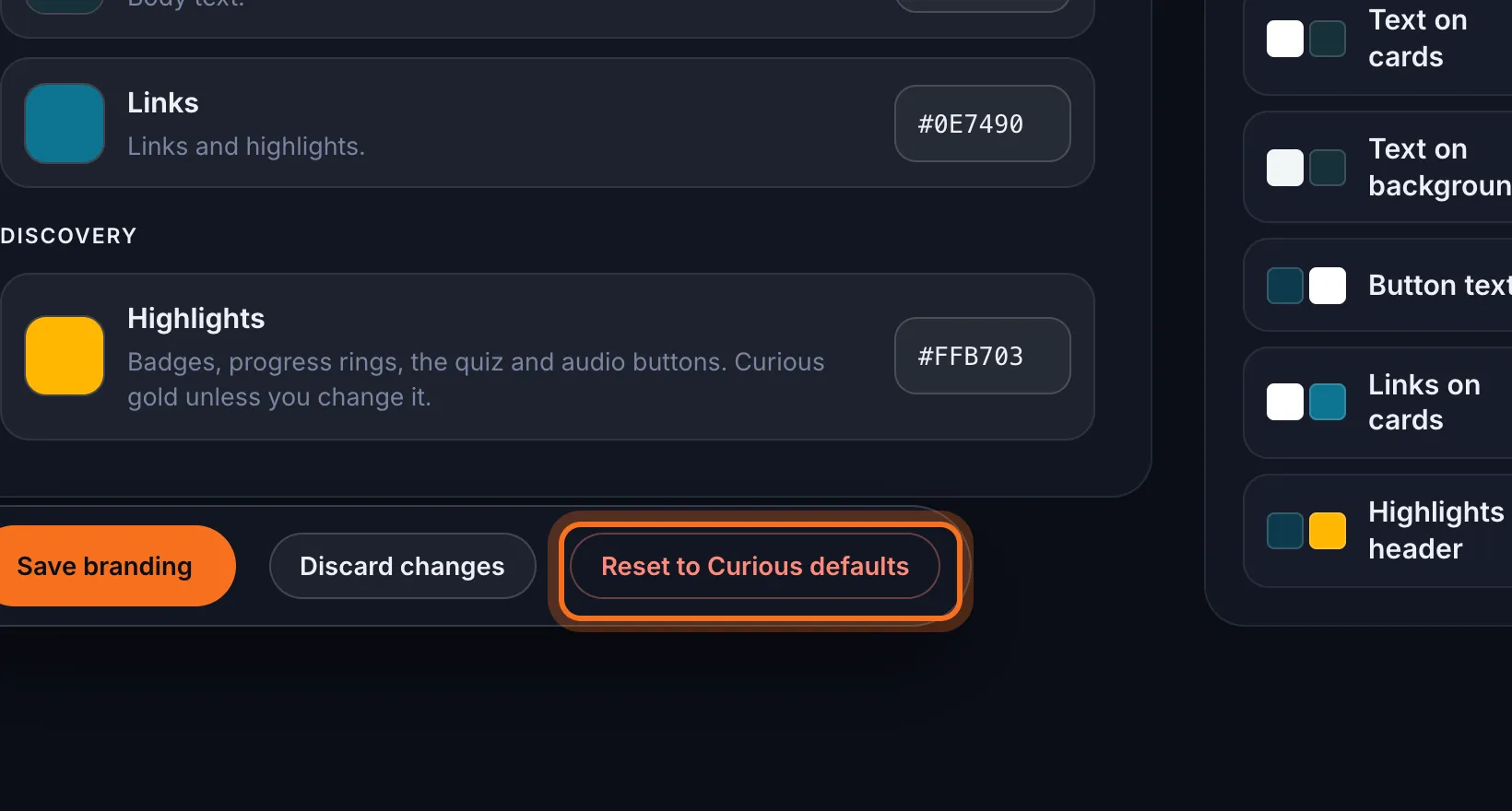 Step 2: Click Reset to Curious defaults.