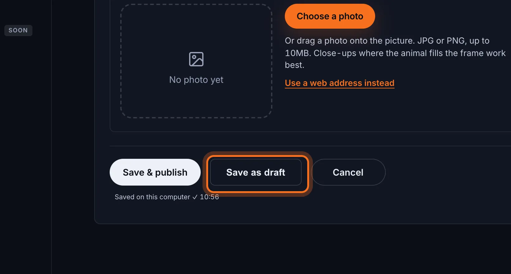 Step 6: Click Save as draft. It's saved, and Hide from visitors is ticked for you.