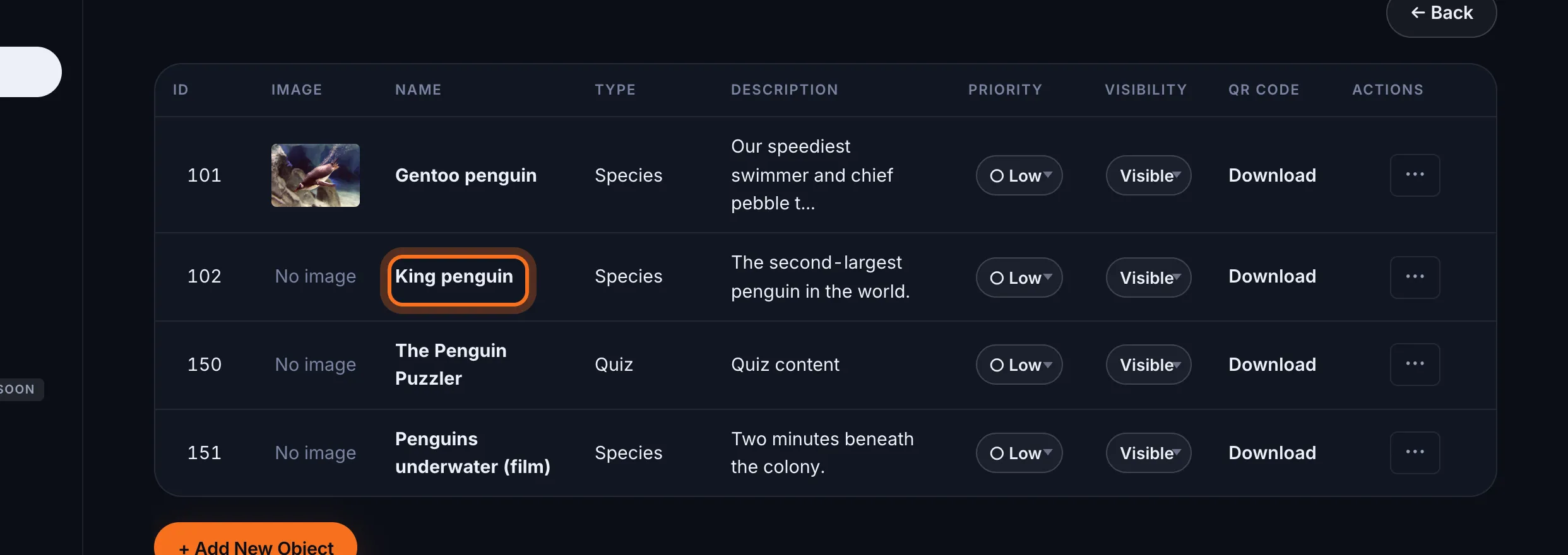 Step 7: When it's ready, open the exhibit and click the animal's name. In the list, a draft shows as Hidden in the Visibility column.