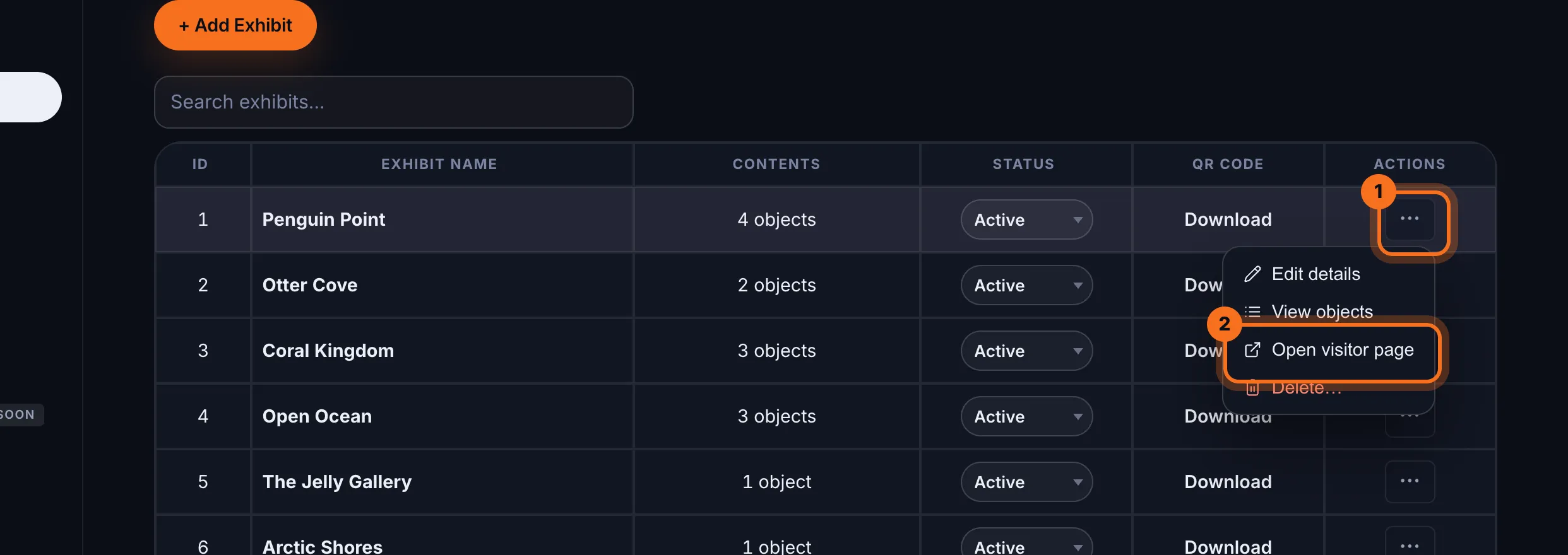 Step 2: Find the exhibit and click ⋯ at the end of its row, then Open visitor page. The live page opens in a new tab.