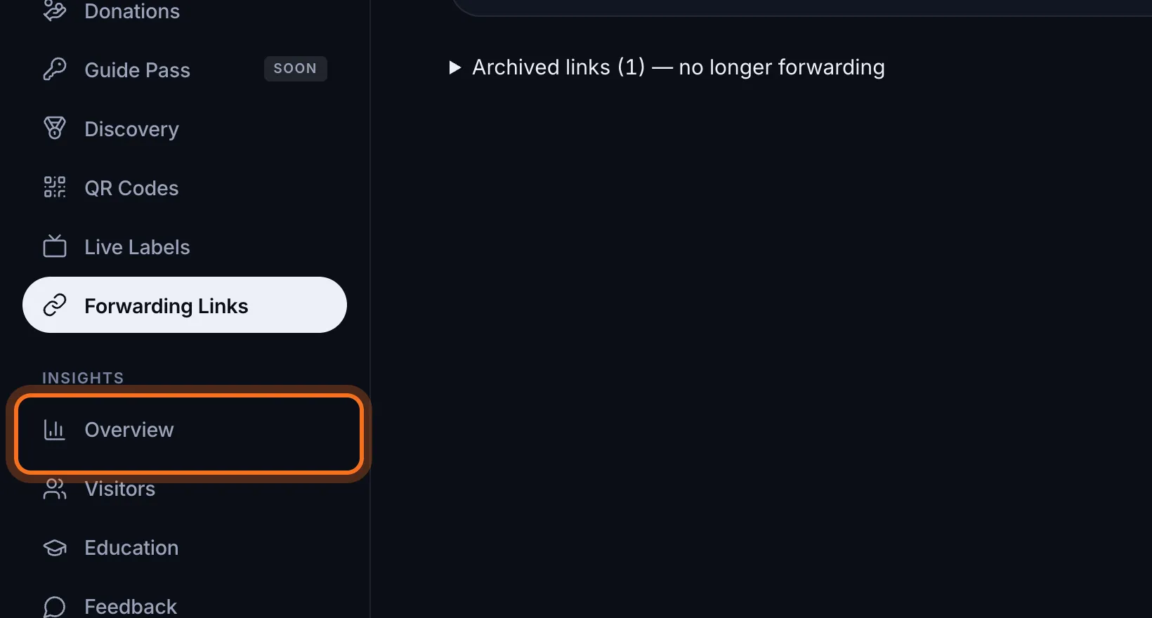 Step 3: On the Accelerate plan, open Overview under Insights to see scans for a chosen period, in the Forwarding links block.