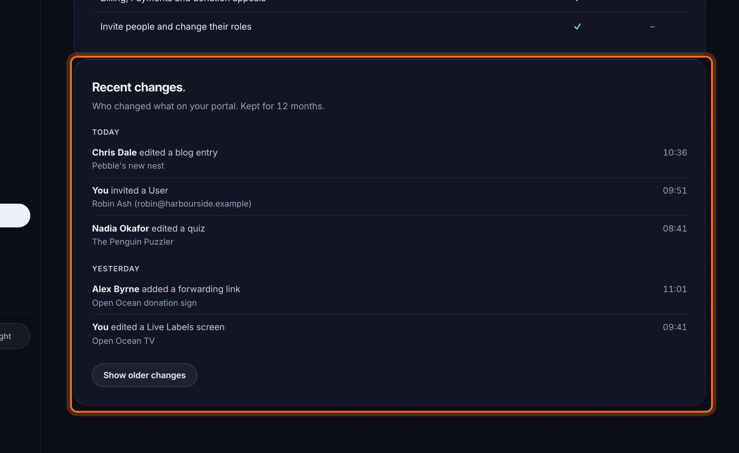Step 2: Scroll down to Recent changes. Each line shows who made the change, what they did, what it was done to and the time.