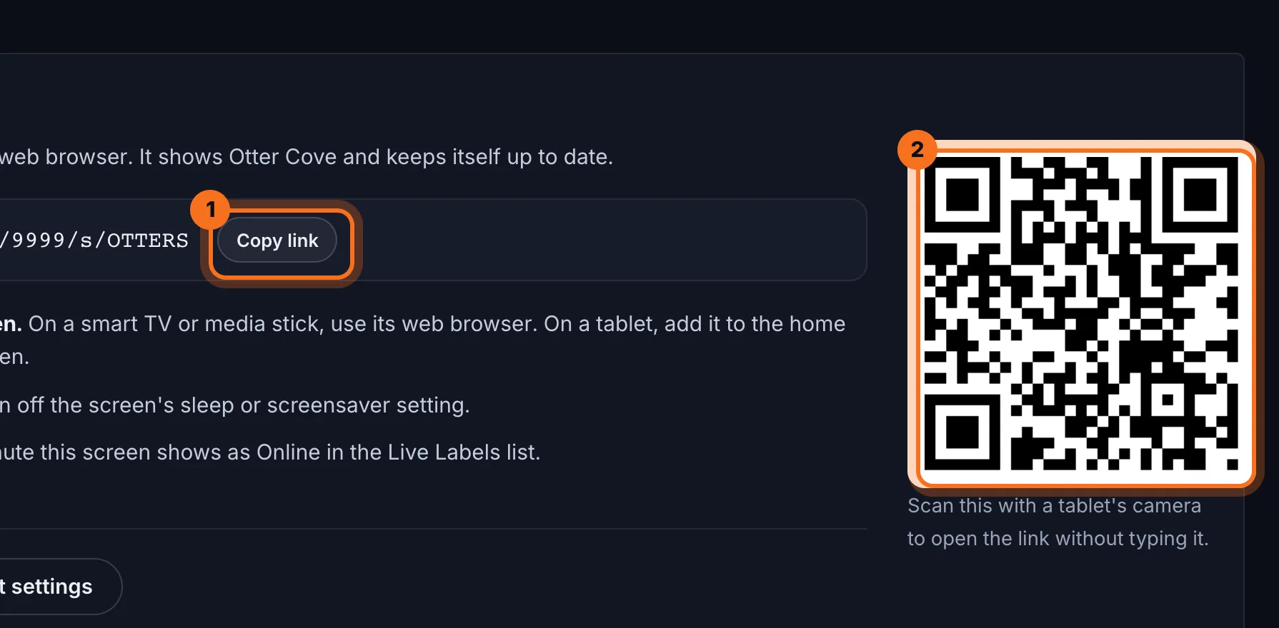 Step 3: Click Copy link to copy the screen's link. On a tablet, you can scan the QR code with its camera instead, so you don't have to type it.