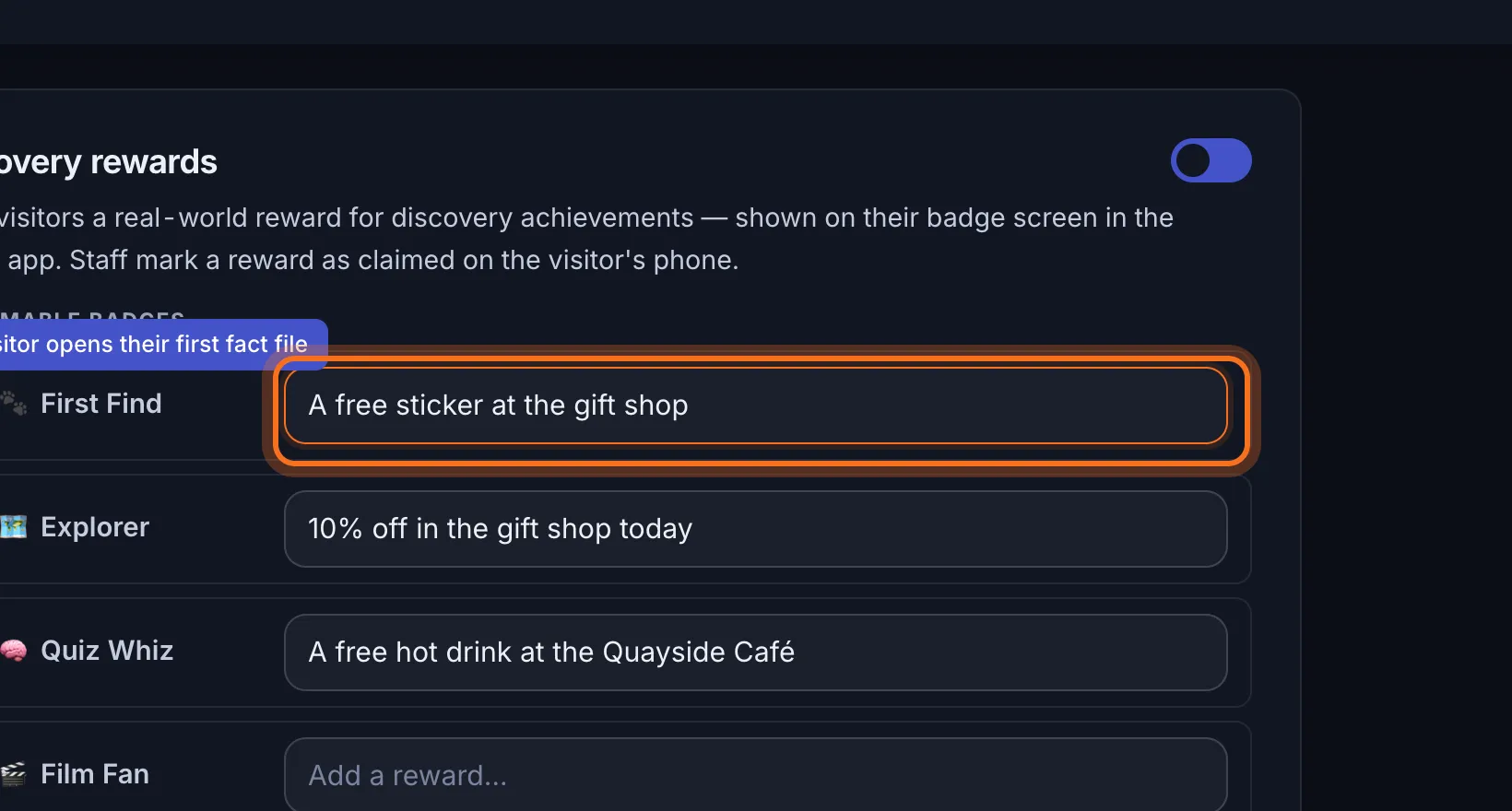 Step 4: In the box beside it, type the reward. It starts as “Free sticker at the front desk”, which you can change.