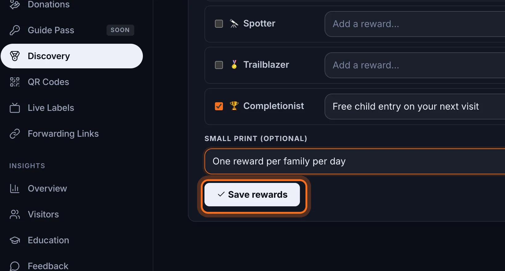 Step 6: Click Save rewards. “✅ Saved” appears next to the button.
