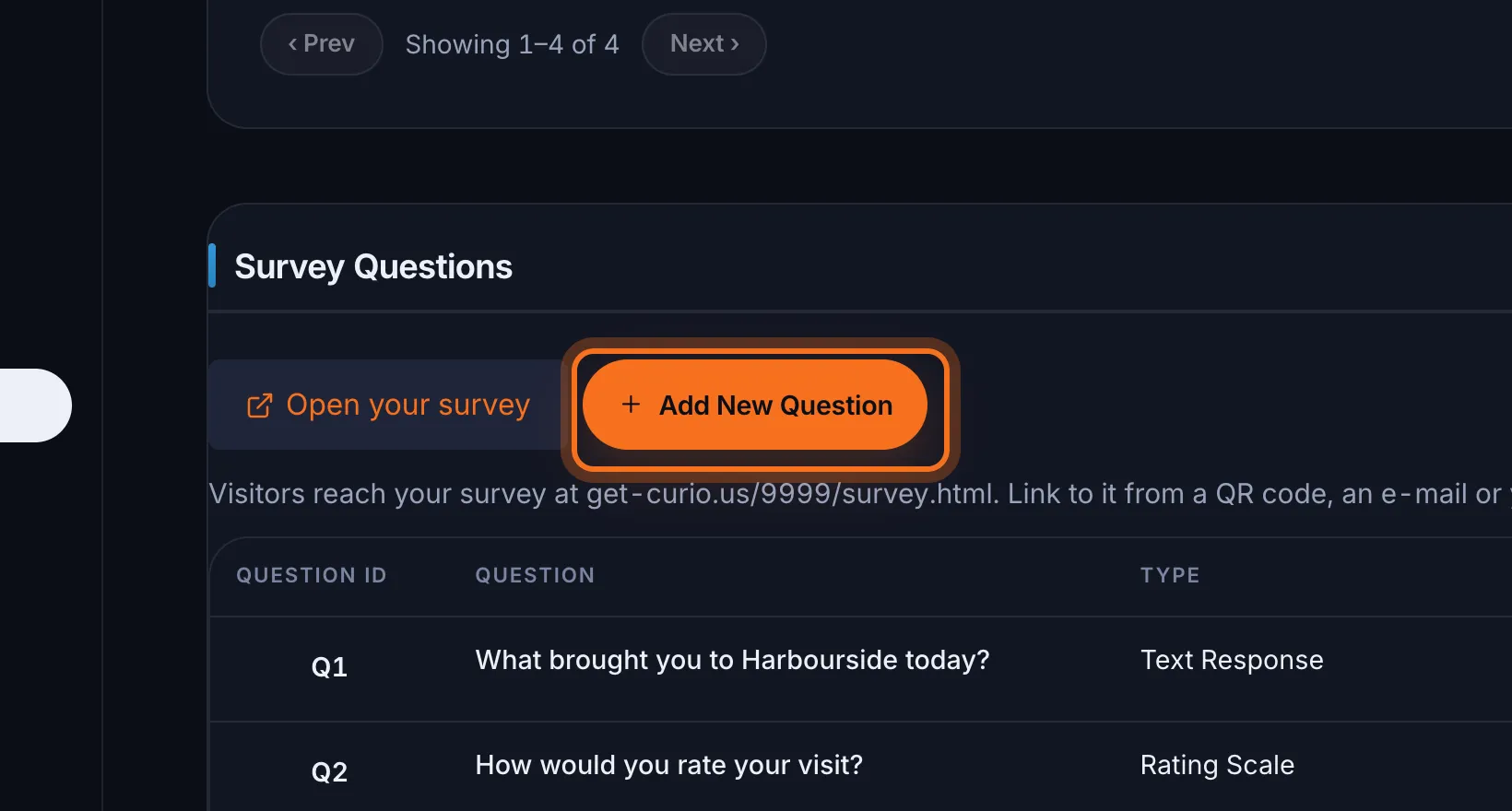 Step 2: Under Survey Questions, click Add New Question. The question form opens below the list.