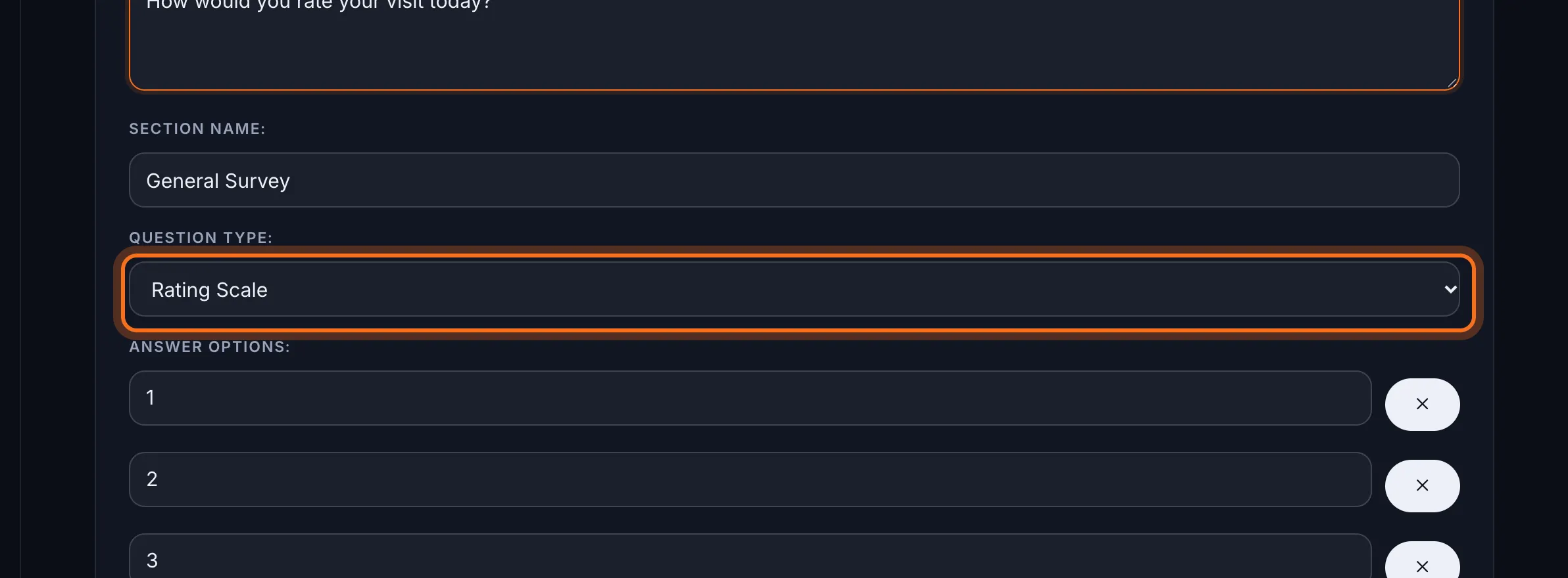 Step 4: In Question Type, choose Rating Scale. Options 1 to 5 are filled in for you.