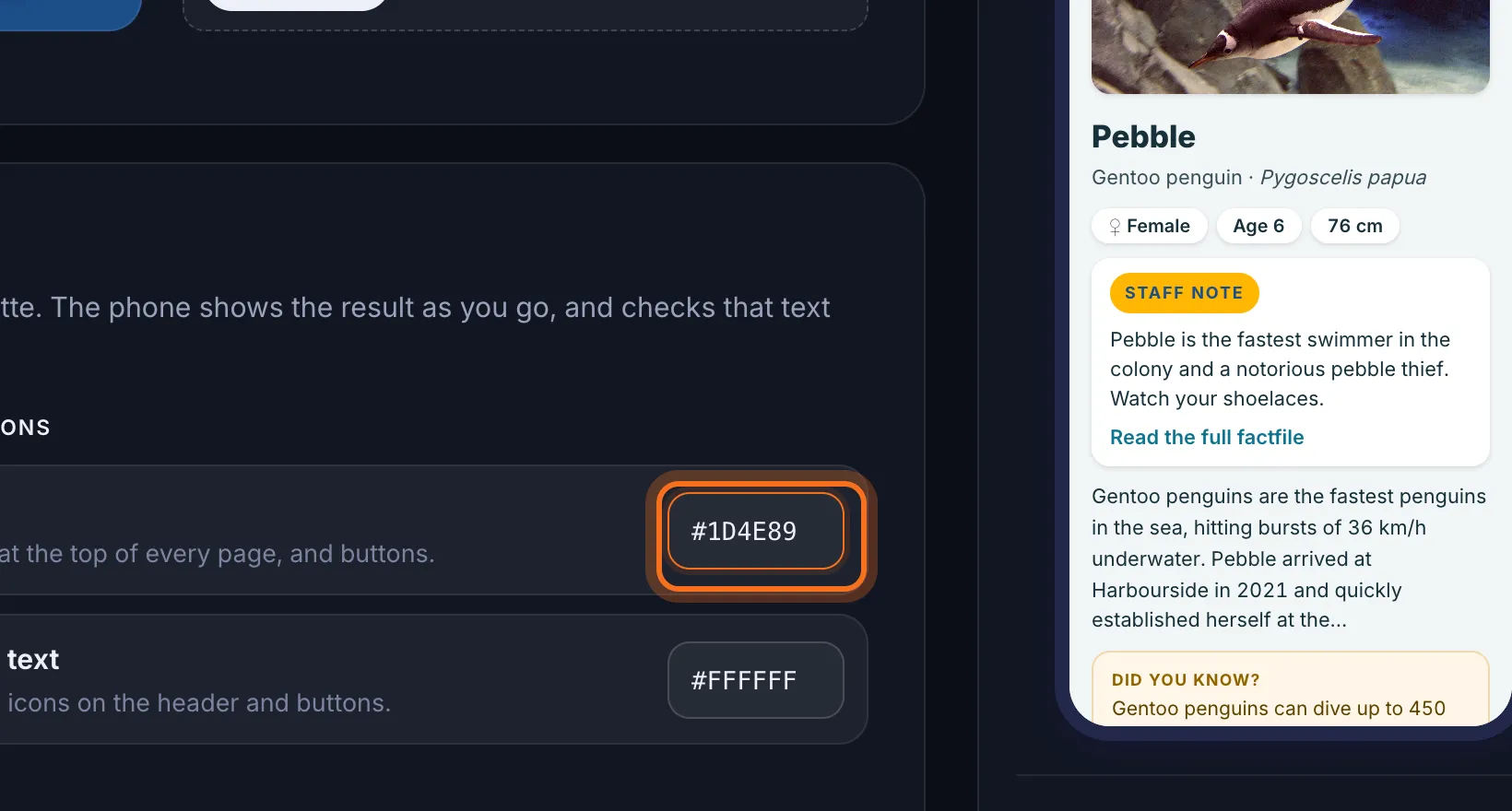 Step 2: Under Colours, click a colour's swatch to pick a new one, or type its hex code in the box beside it.