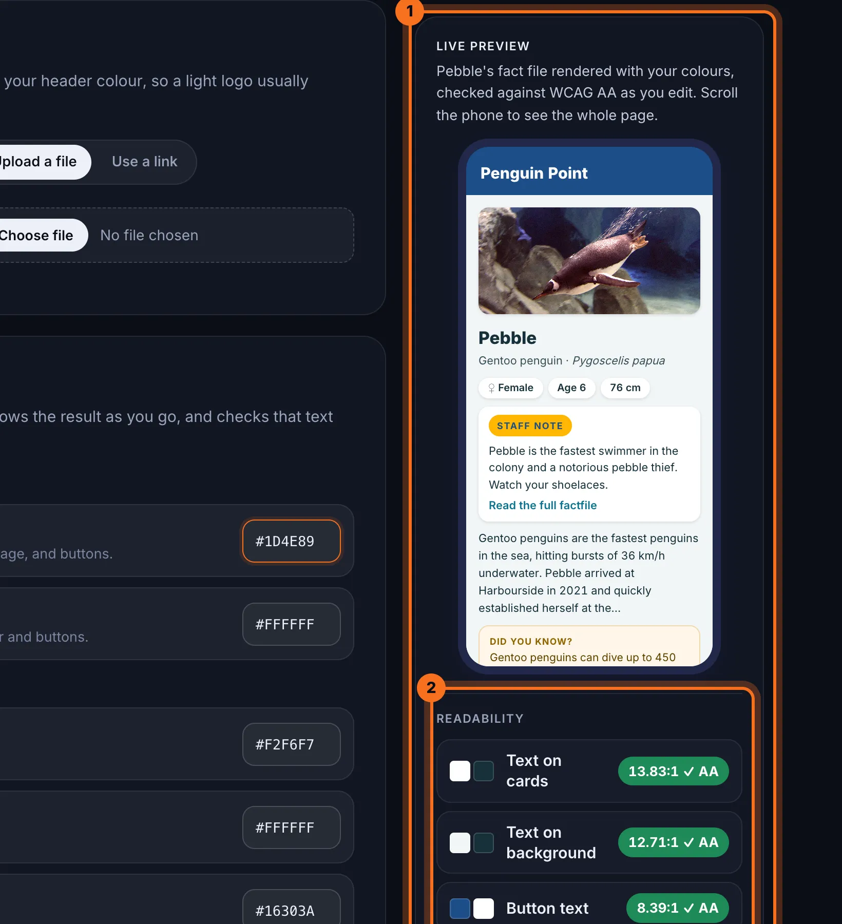 Step 3: Check the Live preview and the readability checks below it. If a check says ✕ fails AA, click its Try button to use a colour that passes.