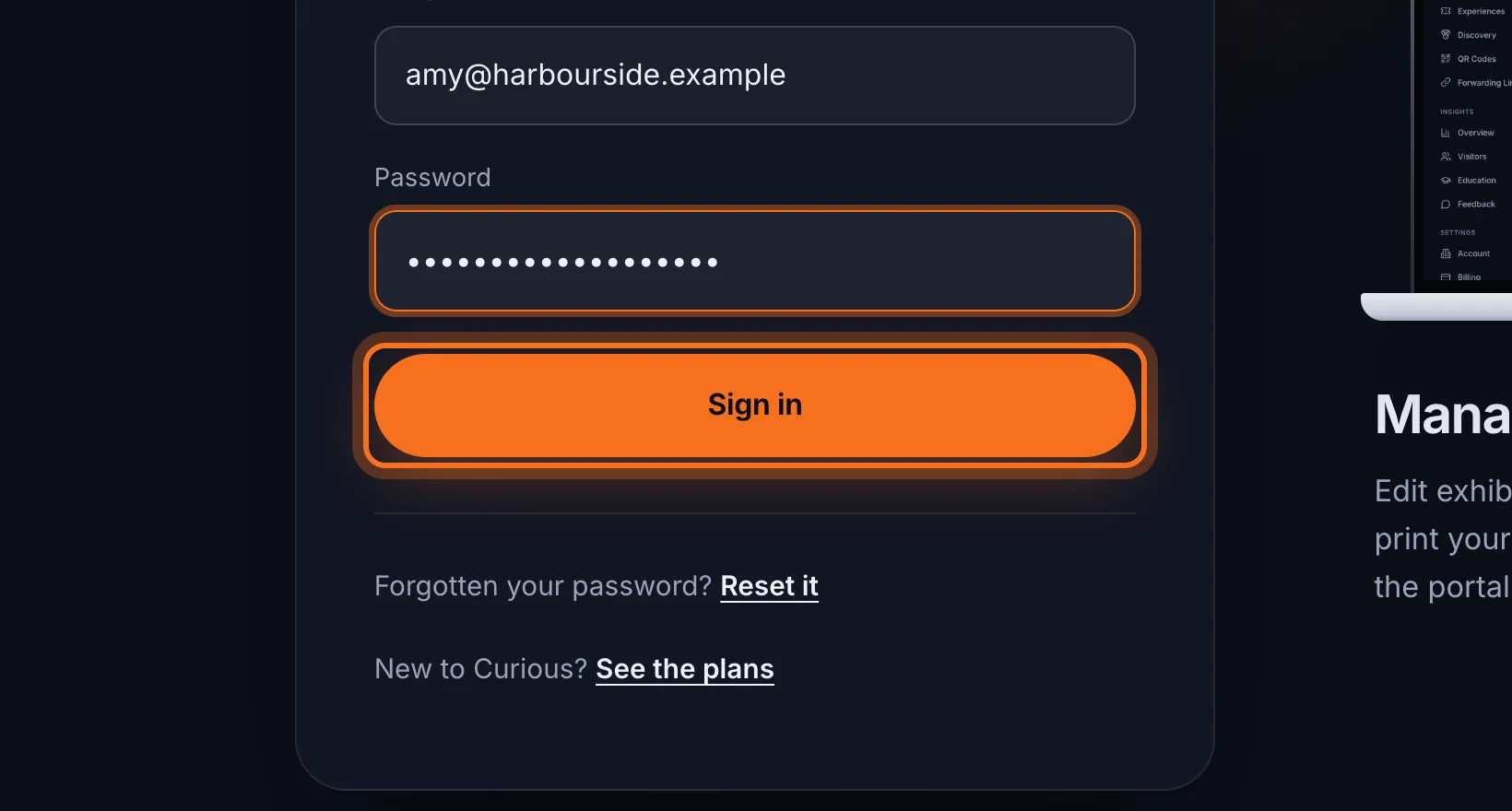 Step 2: Click Sign in. Curious opens on your venue's Home page.