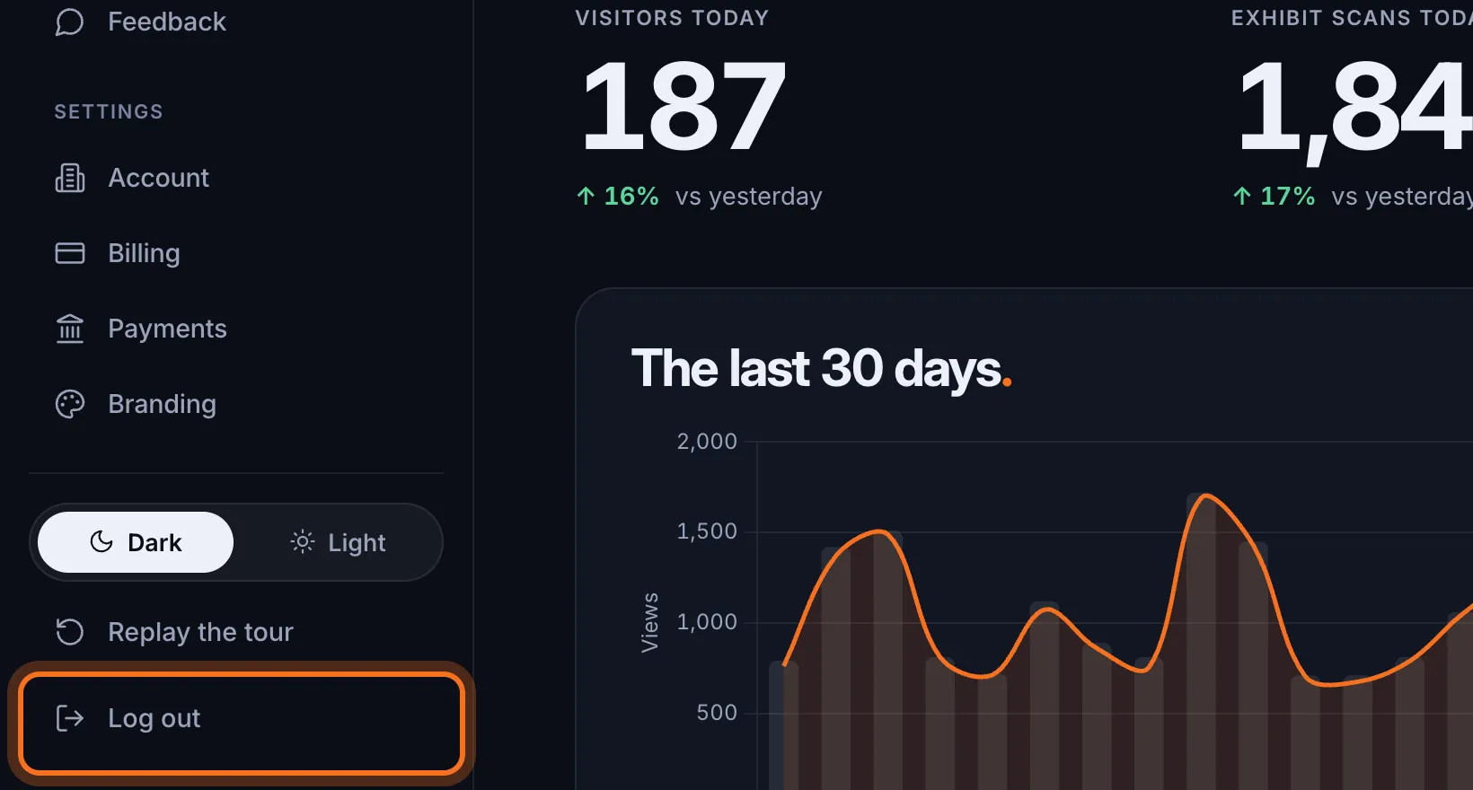 Step 2: To sign out, click Log out at the bottom of the sidebar. Curious ends your session and takes you back to the sign-in page.