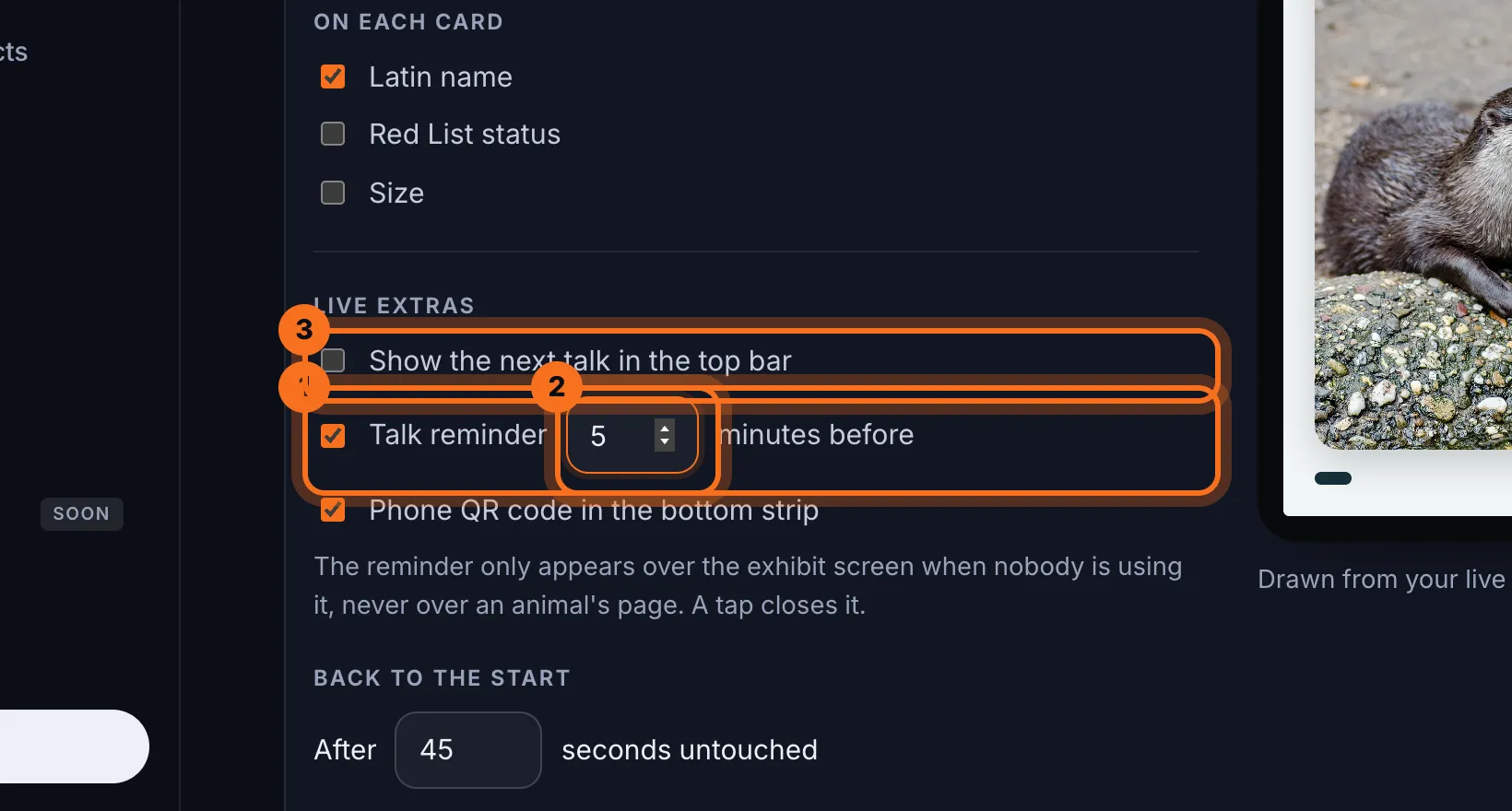 Step 3: Under Live extras, tick Talk reminder and type how many minutes before the talk it appears. Tick Show the next talk in the top bar to show the next talk all the time.