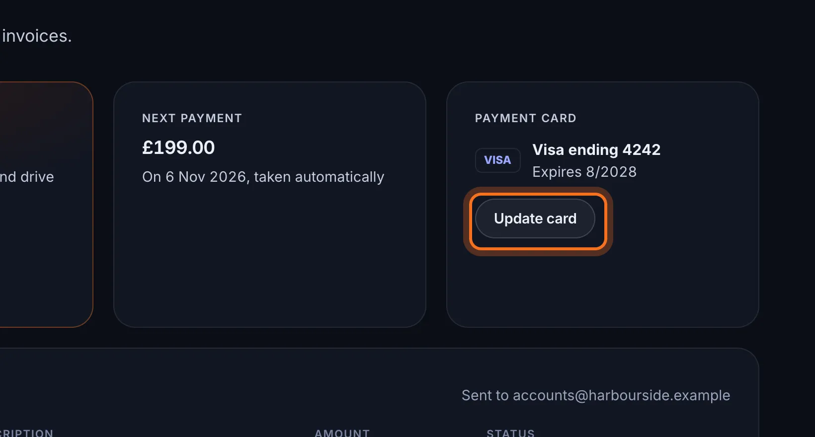 Step 2: Under Payment card, click Update card.