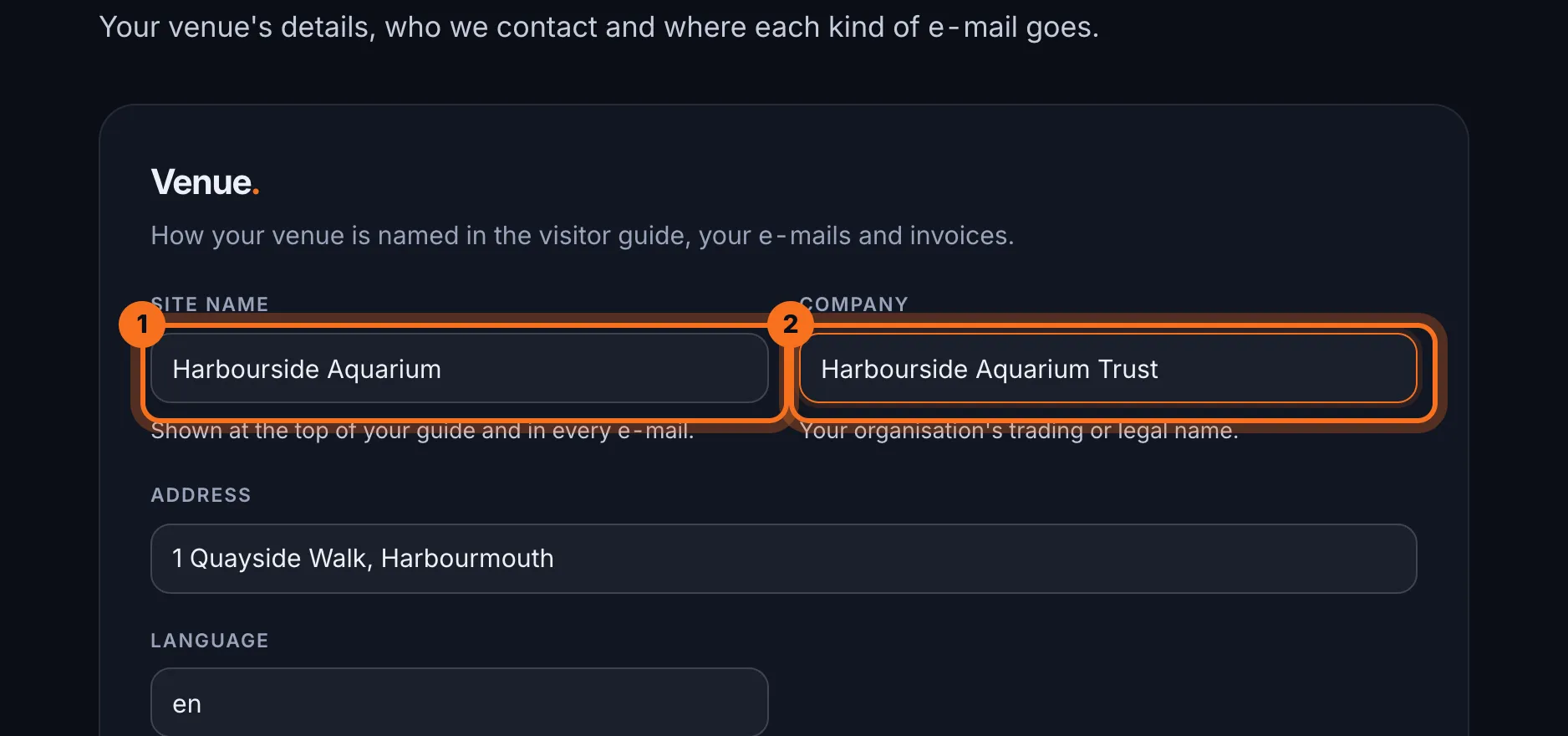 Step 2: Under Venue, change the Site name, Company, Address or Language.