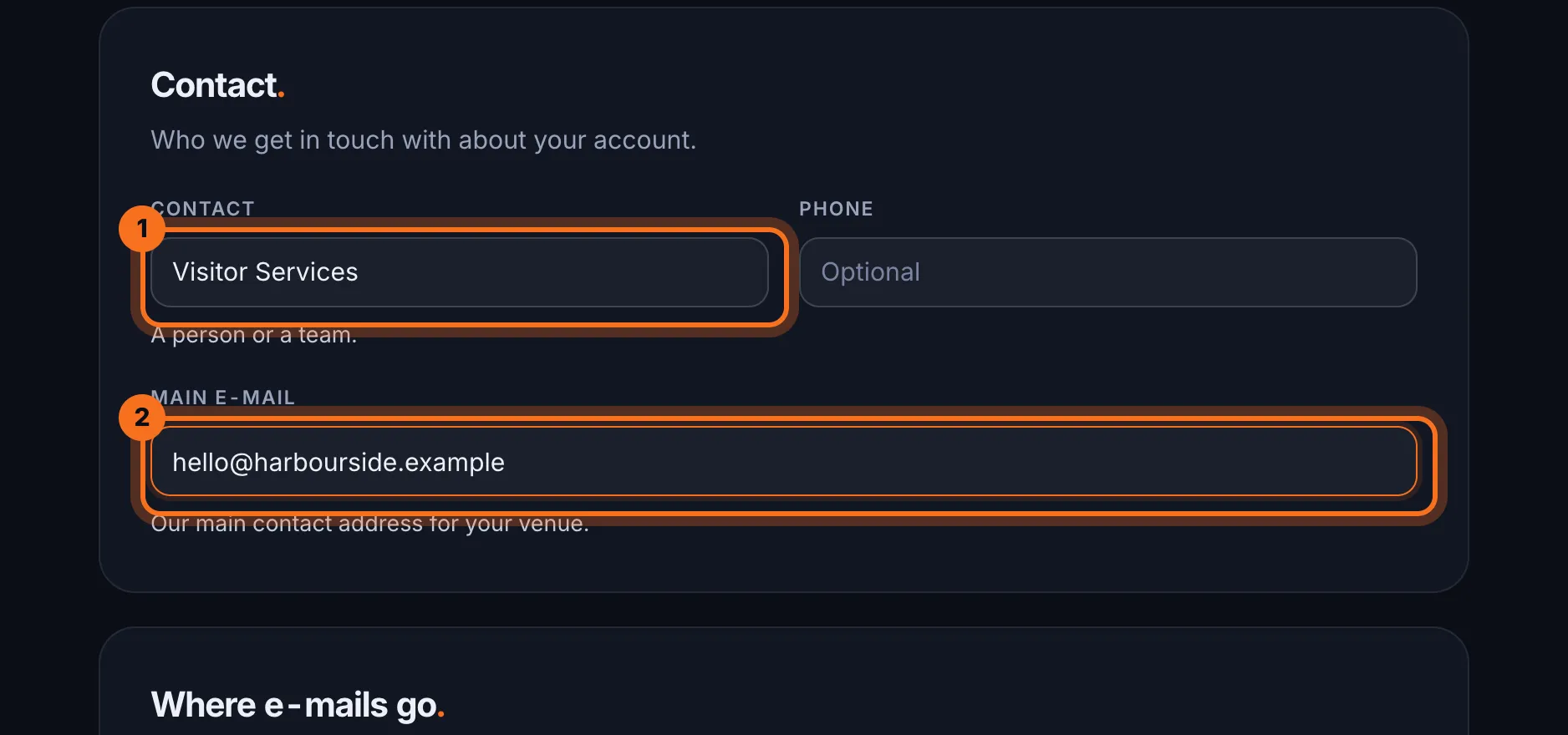 Step 4: Under Contact, change the Contact, Phone or Main e-mail.