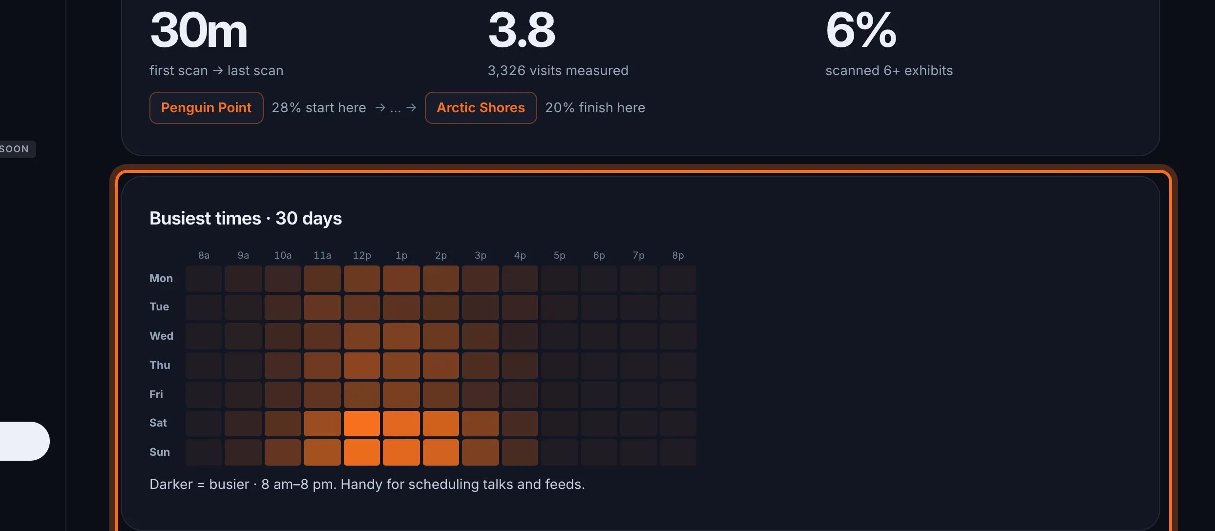 Step 5: Busiest times is a grid of days and hours from 8am to 8pm. The darker the square, the busier that hour.