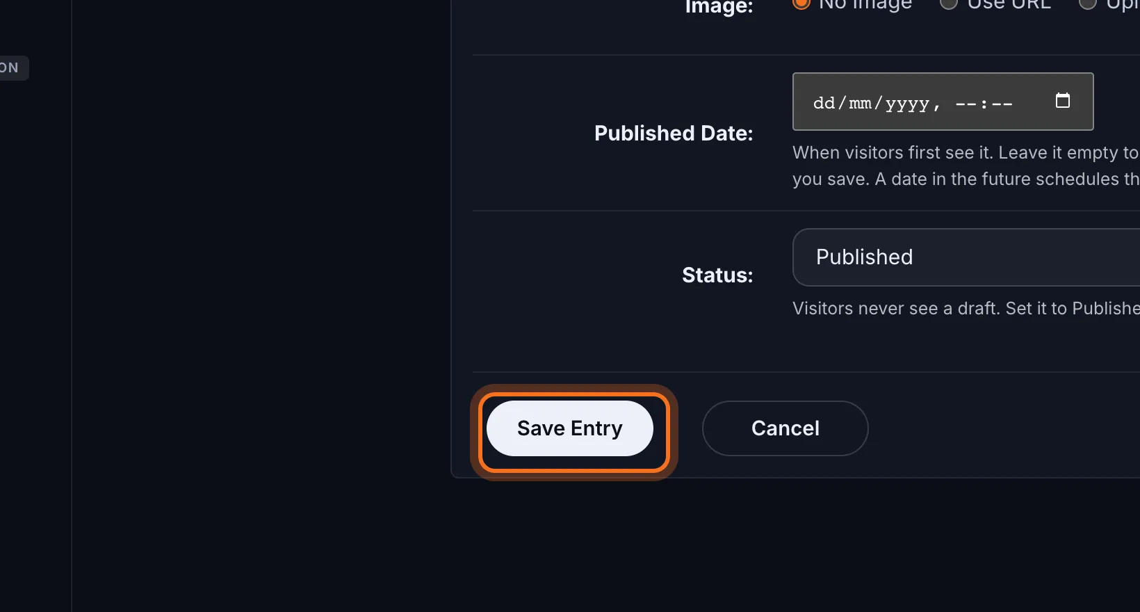 Step 10: Click Save Entry. You're taken back to the blog's list of entries, where Status shows Published, Scheduled or Draft.