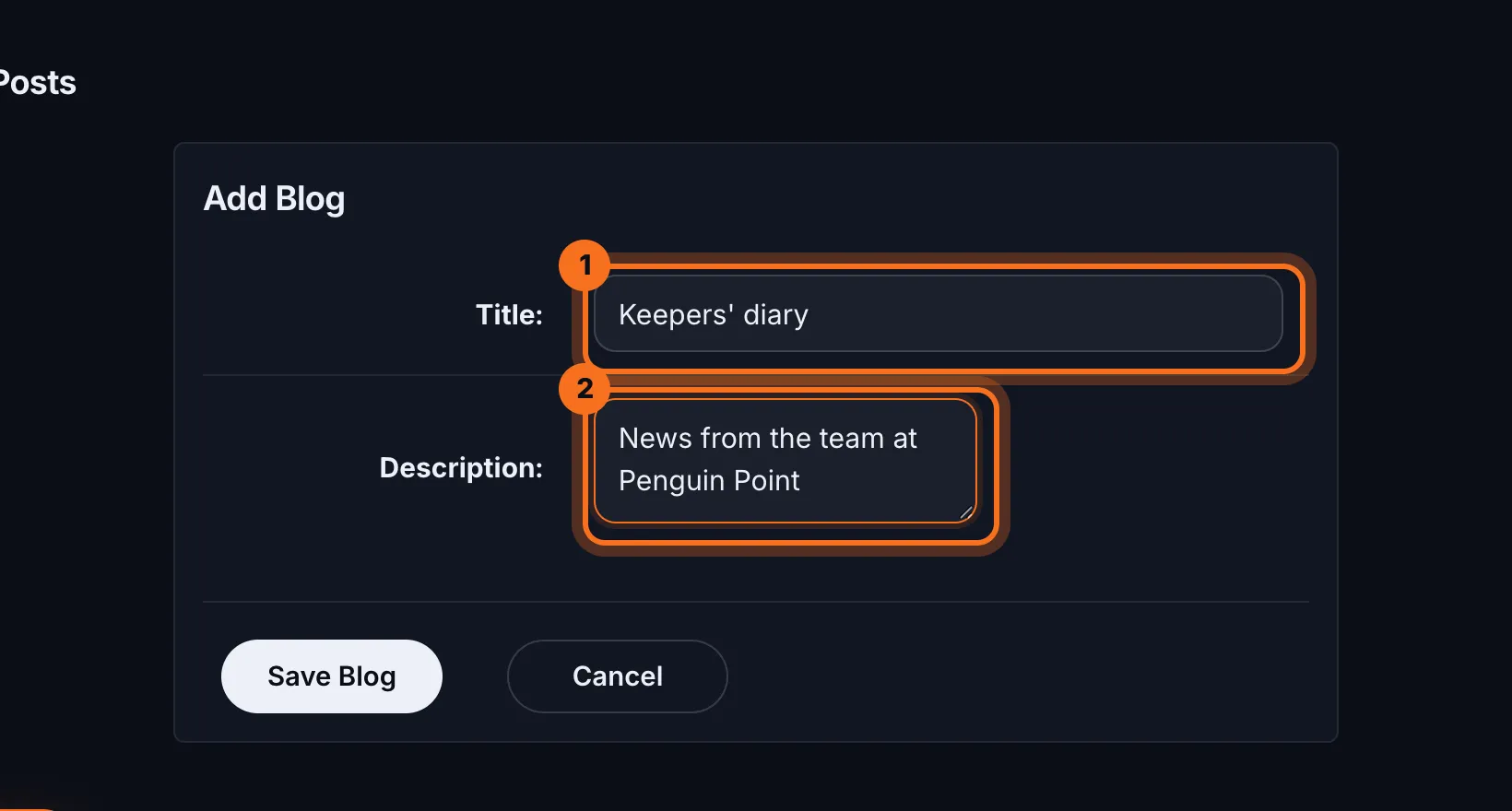 Step 3: Give the blog a Title and a Description. Visitors see both above the posts.