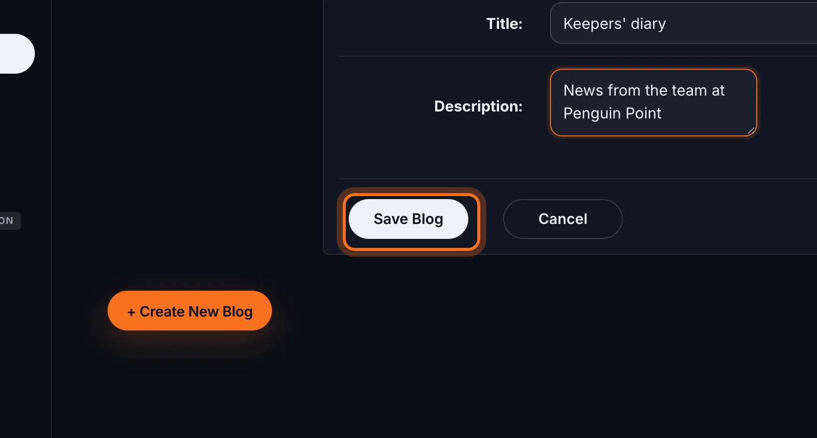 Step 4: Click Save Blog. It appears in the list.