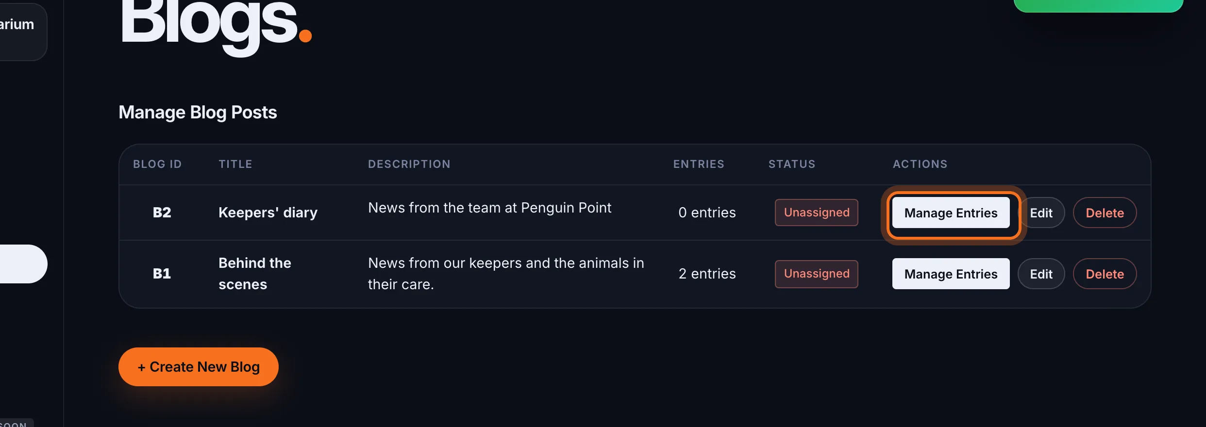 Step 5: In the blog's row, click Manage Entries.
