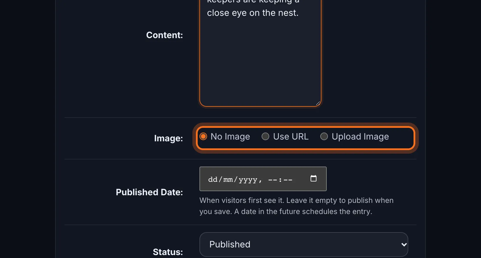 Step 8: Under Image, choose No Image, Use URL to paste a picture's web address, or Upload Image to choose a picture from your computer (up to 10MB).