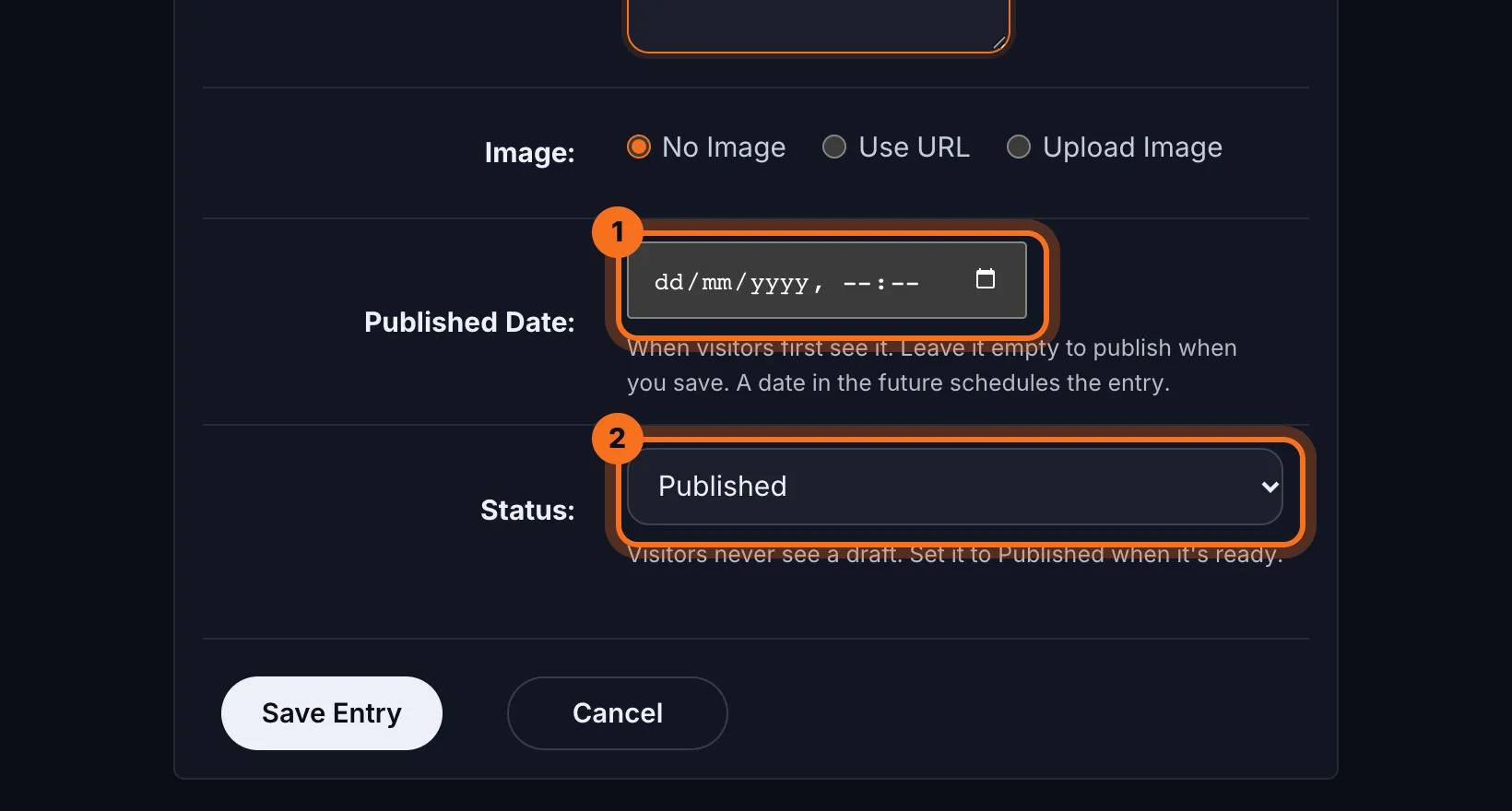Step 9: Leave Status as Published to show the post, or choose Draft to keep working on it. In Published Date, leave it empty to publish when you save, or pick a later date and time to schedule it.