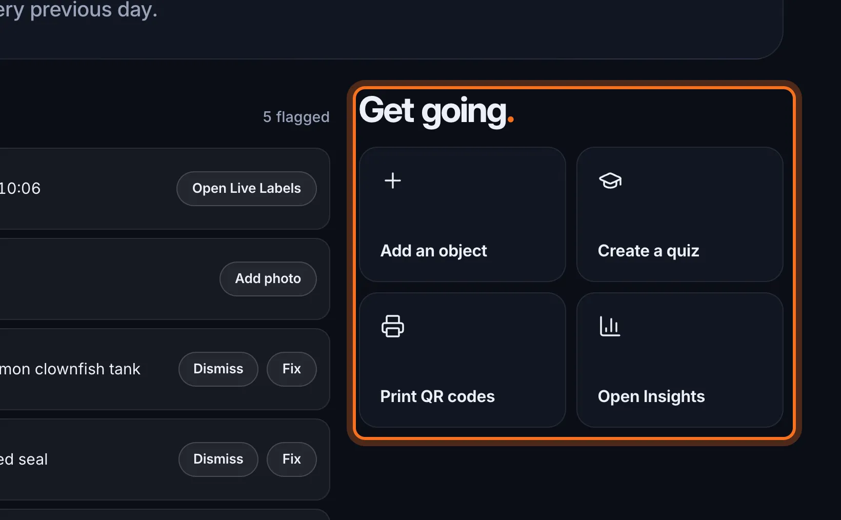 Step 7: Get going has shortcuts to add an object, create a quiz, print QR codes or open Insights.